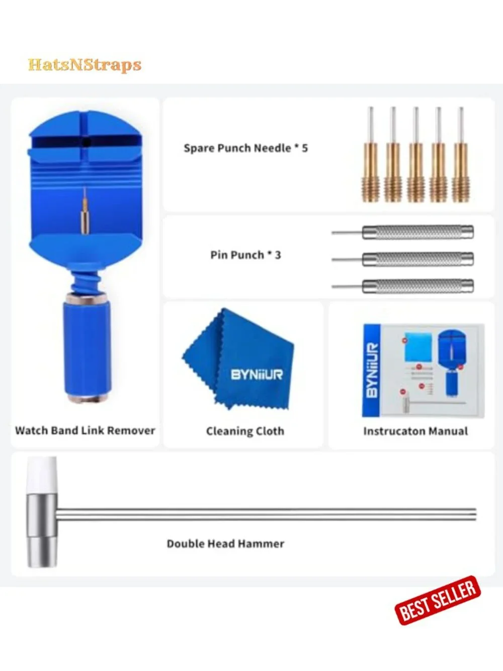 Watch Link Removal Kit with Pin Punches and Hammer for Band Adjustment and